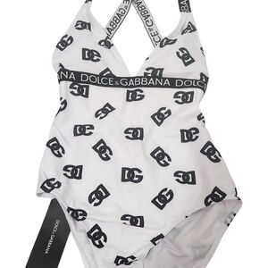 White and Black Logo One-Piece Swimsuit